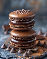 Chocolate macarons stacked with dark ganache filling, decorated with chocolate chips and cocoa powder on dark slate background, macro food photography.