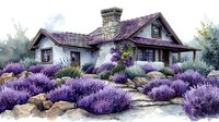 Cozy cottage with stone chimney surrounded by blooming lavender garden and stone pathway, watercolor style artwork in purple and blue tones.