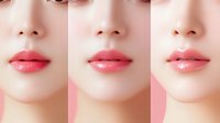 Close up view of Asian woman lips with pink glossy lipstick makeup in three different poses showing natural beauty and cosmetic application on pink background.