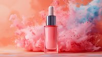 Luxurious pink serum dropper bottle against dreamy coral and blue smoke background, cosmetic product photography for beauty and skincare advertising.