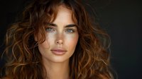 Young woman with curly auburn hair and freckles gazing intensely at camera against dark background, showcasing natural beauty for cosmetic advertising.