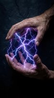 Male hands holding glowing purple lightning energy between palms against dark background. Concept for power, magic, electricity, and supernatural abilities for design and marketing use.
