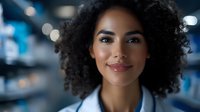 Confident African American female medical professional with natural curly hair and white coat smiling warmly against blurred hospital background.