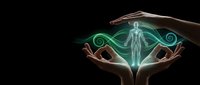 Glowing human figure with energy swirls protected by cupped hands on black background for wellness and spiritual healing concepts.