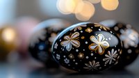 Black Easter egg with white floral folk art pattern and golden bokeh background creates festive spring holiday atmosphere. Traditional seasonal decoration.