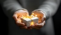 Hands holding small white gift box with golden ribbon and magical glowing light, creating atmospheric mood on dark background. For celebration concepts.