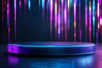 Glowing neon platform with purple and blue lights against dark background, vertical light streaks creating futuristic atmosphere for product display or presentation.