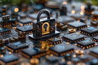 Padlock with digital circuit pattern on computer motherboard representing cybersecurity and data protection, glowing bokeh lights in background.