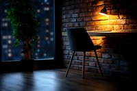 Modern interior with black chair against warm-lit brick wall, potted plant by window with bokeh lights, wooden floor, contemporary home office or study space.