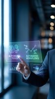Businessman touching holographic interface with AI-powered tools and automated workflows in modern office environment for digital transformation.