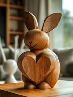 Wooden rabbit figurine with heart shape on chest sitting on table in bright modern home interior for nursery decor and handmade craft projects.