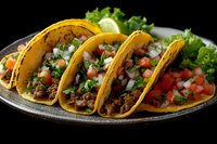 Mexican street tacos with seasoned meat, fresh chopped onions, cilantro, tomatoes and lime on rustic plate against dark background. Traditional authentic cuisine.