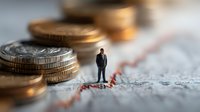 Businessman figure standing near coins on financial chart background, representing market analysis, investment decisions and economic trends.