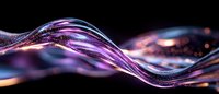 Flowing abstract wave of luminous purple and blue light with glittering particles against black background, creating futuristic digital art effect.