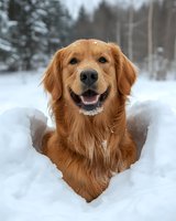 Golden retriever with snow on face and chest, sitting in deep winter snow with evergreen forest background. Happy dog portrait for pet, animal, and seasonal content.