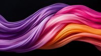 Flowing abstract waves in vibrant gradient colors from purple through pink to orange create dynamic motion against black background, suitable for modern design projects.