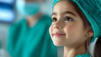 Young girl wearing surgical cap smiles confidently in medical setting, representing future healthcare aspirations and childhood dreams in medicine.