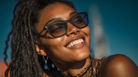 Young African American woman with dreadlocks and glasses smiling joyfully against blue sky background. Natural portrait expressing happiness and positivity.