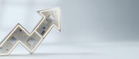 Upward trending arrow filled with US dollar bills symbolizing financial growth, investment returns, and increasing profits on neutral background.