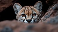 Serval wild cat face peering through rocky crevice with intense amber eyes and spotted fur pattern in natural habitat for wildlife photography.