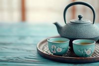 Traditional cast iron teapot with two turquoise ceramic cups decorated with cherry blossoms on wooden tray against rustic blue background. Cozy tea ceremony setup.
