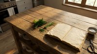 Wooden desk with fresh green plant and office supplies in bright natural light, suitable for workspace and interior design projects.