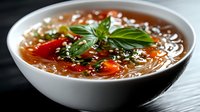 Steaming bowl of Asian noodle soup with tomatoes, fresh basil, sesame seeds, and rich broth, served in a white ceramic bowl.