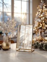 Golden mirror on table with Christmas decorations, ornaments and lights creating warm festive atmosphere for holiday home decor and seasonal styling.