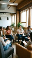 Diverse group of young professionals having casual meeting in modern office lounge with exposed wooden beams and natural lighting for teamwork concepts.