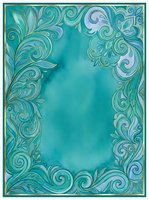 Turquoise watercolor background with ornate scrolling floral border frame, isolated on white. Elegant decorative design suitable for invitations, cards, posters, and digital projects.