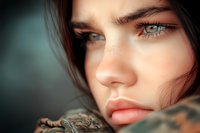 Close up portrait of young woman with striking blue eyes and dark hair against blurred background, natural freckles and coral lips creating dramatic mood.