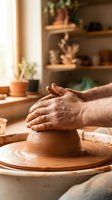 Skilled potter hands shaping clay on spinning wheel in warm sunlit ceramic studio workshop with shelves of pottery in background.