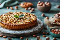 Homemade hazelnut tart with crushed nuts topping and fresh mint leaf on wooden board against turquoise background, surrounded by whole hazelnuts in bowls.
