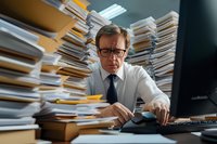 Stressed Caucasian businessman in glasses overwhelmed by paperwork stacks at office desk, looking frustrated while working late with documents and computer.