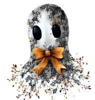 Cute ghost character with orange bow tie and delicate black lace pattern decoration on white background, watercolor style artwork for Halloween designs.