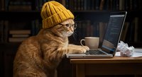 Orange tabby cat wearing yellow knit beanie and glasses working on laptop computer at wooden desk with coffee mug in cozy library setting for humor and pet concepts.