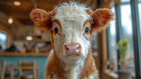 Adorable young calf with orange and white markings looking directly at camera in modern indoor setting. Farm animal portrait with soft lighting.