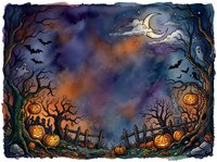 Spooky Halloween night scene with glowing jack-o-lanterns, bare trees, bats flying under crescent moon. Atmospheric graveyard border frame for seasonal designs.