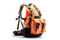 Orange hiking backpack with reflective stripes, multiple compartments and adjustable straps on white background. Ready for outdoor adventures and camping activities.