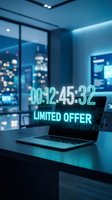 Laptop on desk with glowing neon countdown timer and limited offer text in futuristic blue office at night.