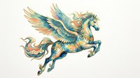 Mythical winged horse with golden and teal feathered wings, ornate decorative details, isolated on transparent background. Ready for t-shirt design, clipart, stickers, sublimation, and print-on-demand products.