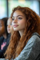 Young woman with natural freckles and long curly red hair gazes confidently forward while wearing casual grey sweater, soft natural lighting highlights her features.