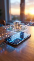 Smart home technology concept with holographic house model floating above smartphone screen displaying connected network lights and digital interface.