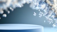 Elegant white round podium with delicate floating crystals and sparkles against blue background creates magical atmosphere for product display and presentation.