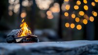 Glowing campfire with burning logs against blurred bokeh lights background creates cozy evening atmosphere outdoors, winter seasonal ambiance.