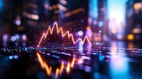 Glowing financial chart line graph with neon reflection on wet surface against blurred city lights background, showing market data visualization and analysis.