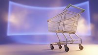 Golden shopping cart on futuristic purple neon background for e-commerce retail business concept and online store marketing campaigns.