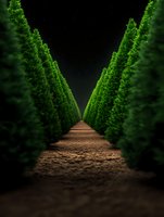 Mysterious pathway through tall green cypress trees forming symmetrical rows in dark garden, dirt path leading into distance creating dramatic perspective.
