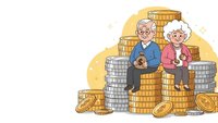 Senior couple sitting on stacks of coins holding piggy banks representing retirement savings and financial planning for elderly people.