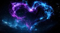 Glowing heart shape formed by cosmic dust and stars in deep space, featuring vibrant purple and blue nebula swirls against dark starry background.